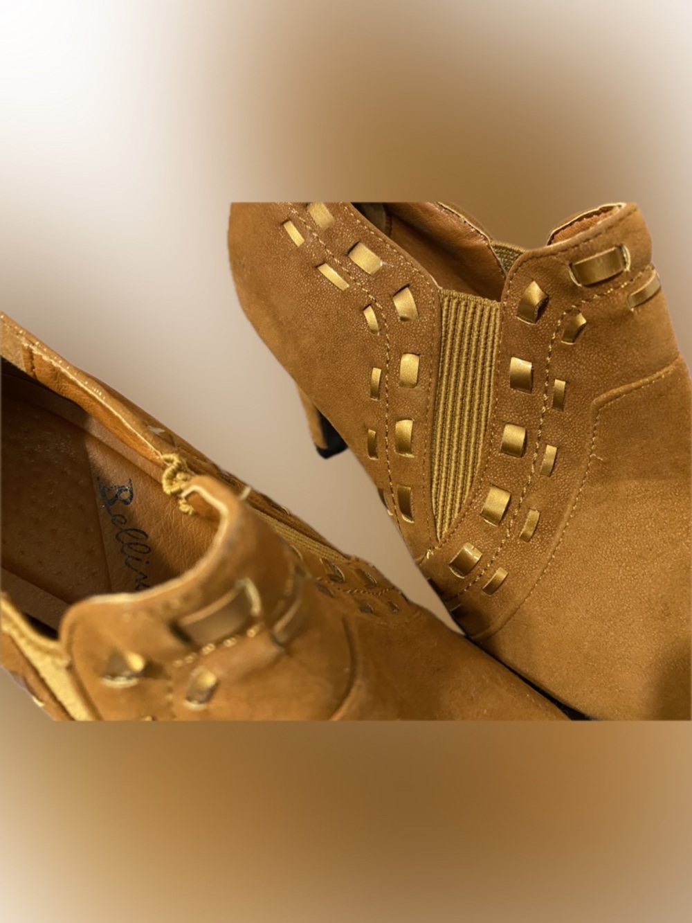 Pointed Suede Ankle Booties with Decorative Cutouts in Tan - Picture 6 of 16